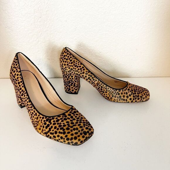 ANTHROPOLOGIE Spotted Leopard Cheetah Calf Hair Square Toe Chunky Heels Pumps. 9 - Picture 7 of 15
